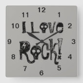 I Love Rock Skulls Black Grey Vierkante Klok (Voorkant)