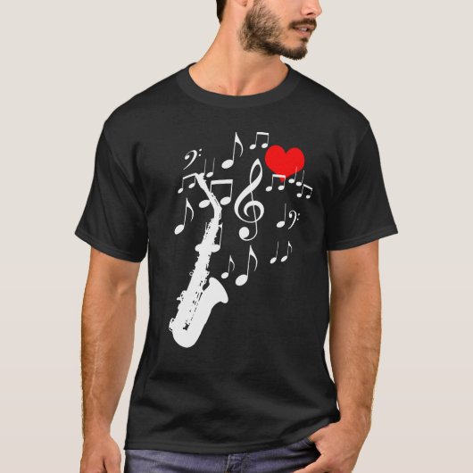 I Love Saxophone Muziek zwart grappig T-shirt (Voorkant)
