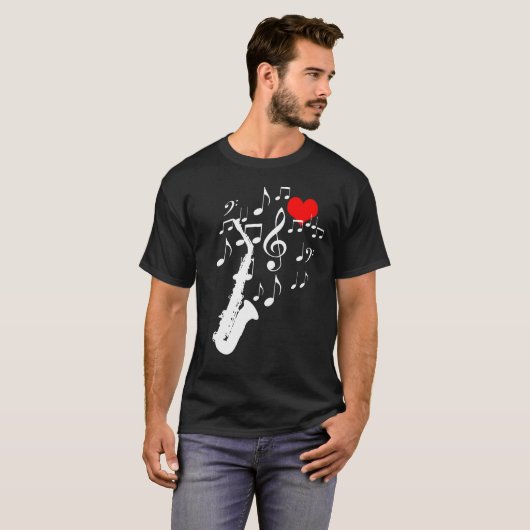 I Love Saxophone Muziek zwart grappig T-shirt (Voorkant volledig)