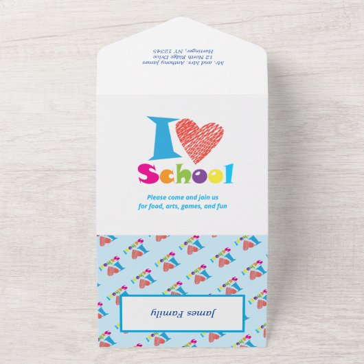 I Love School Back to School Cartoon Afstuderen All In One Uitnodiging (Buitenkant)