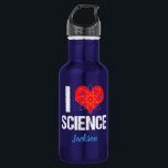 I Love Science Custom Waterfles<br><div class="desc">Ik hou van waterflesje van de wetenschap met een cool atoom model rond een rood hart. Een geweldig geek cadeau voor een leraar wetenschappen of wetenschapper die van experimenten houdt en over de wereld leert.</div>