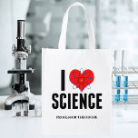 I Love Science Personalized Scientist Atom Model Boodschappentas<br><div class="desc">Leuke I Love Science herbruikbare boodschappentas aangepast met jouw naam. Beschikt over een atoom model voor het hart. Perfect geek cadeau voor een leraar wetenschappen.</div>