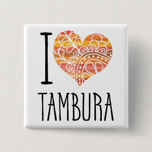 I Love Tambura Oranje Mandala Heart Vierkante Button 5,1 Cm