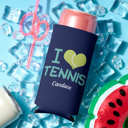 I Love Tennis Cute Custom Personalized Navy Blue Seltzer Blikjeskoeler (Insitu Zomer)