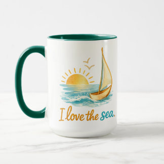 I Love the Sea Sailboat Sunset Ocean Illustration  Mok