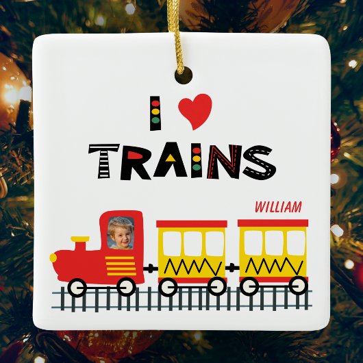 I Love Trains Kinder Photo and Name Kerstmis Keramisch Ornament