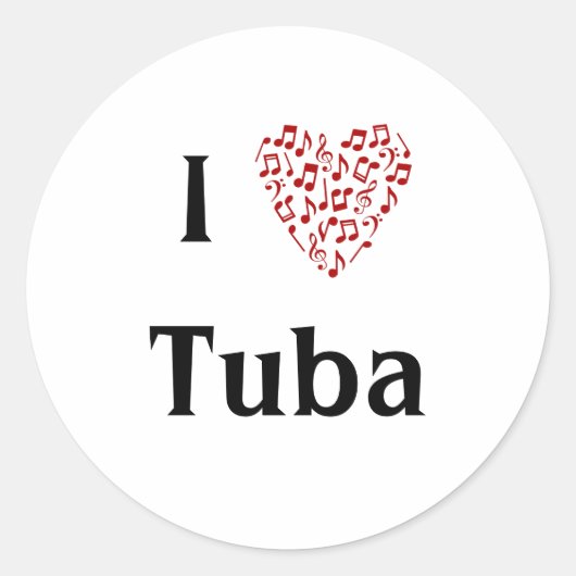 I Love Tuba Rode Hart van Muzieknoten Ronde Sticker (Voorkant)