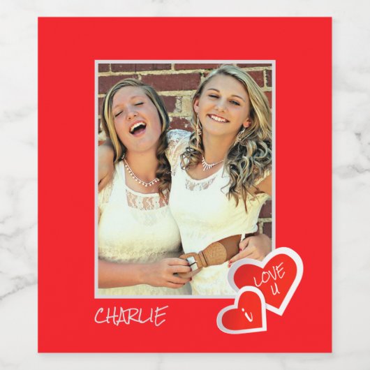 I Love U, Cute Hearts - Custom Photo Personised Wijn Etiket (Enkel label)