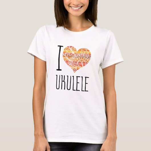 I Love Ukulele Oranje Mandala Heart T-shirt (Voorkant)