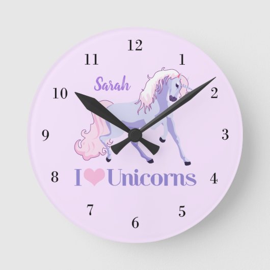 I Love Unicorns Cute Pink Paarse Monogram Girls Ronde Klok (Voorkant)