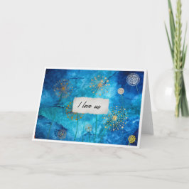 I Love Us Blue Watercolour Gold Floral Card Kaart