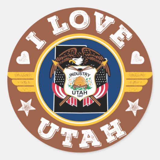I Love Utah State Flag and Map Ronde Sticker (Voorkant)