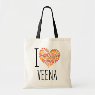 I Love Veena Oranje Mandala Heart Tote Bag