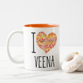I Love Veena Oranje Mandala Heart Tweekleurige Koffiemok
