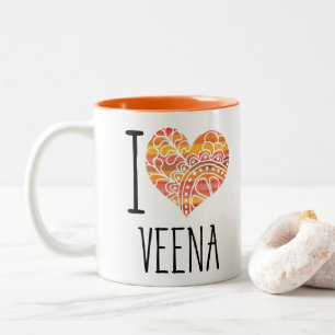 I Love Veena Oranje Mandala Heart Tweekleurige Koffiemok