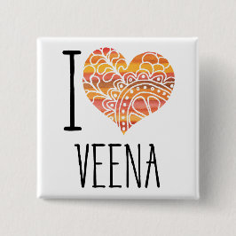 I Love Veena Oranje Mandala Heart Vierkante Button 5,1 Cm