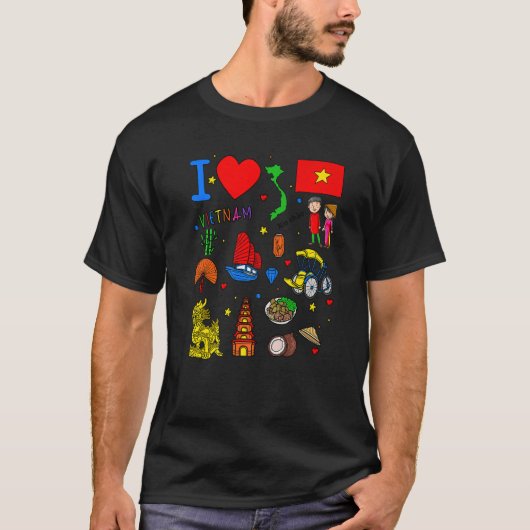 I love Vietnam Hand drawn Vietnamese Landmarks fla T-shirt (Voorkant)