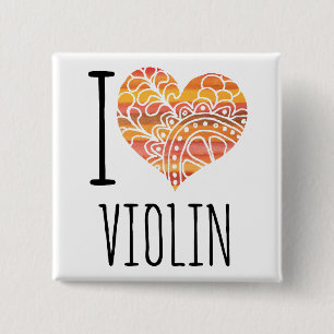 I Love Violin Oranje Mandala Heart Vierkante Button 5,1 Cm