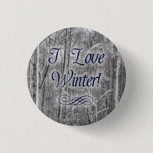 "I Love Winter" Button met sneeuwbedekking bomen (Voorkant)
