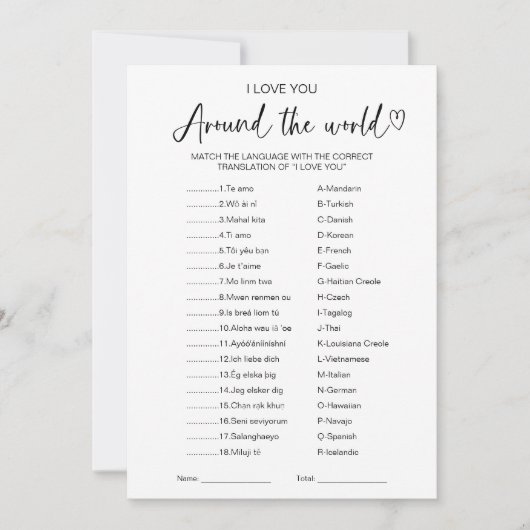I Love You Around the World Game Vrijgezellenfeest Kaart (Voorkant)