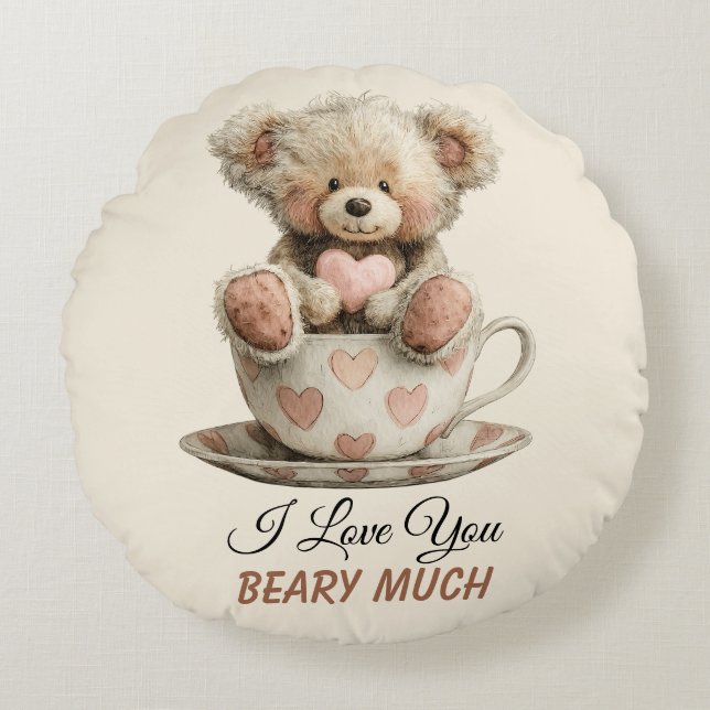 I Love You Beary Much In Cup Postcard Rond Kussen (Voorkant)