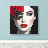 I Love You | Beautiful Woman with Red Rose Canvas Afdruk (Insitu (Houten vloer))