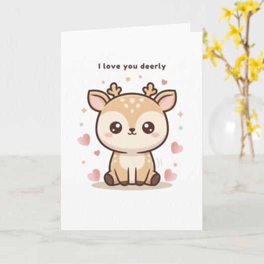 I Love You Deerly Cute Puchi Dōshi Deer Christma Kaart (Gele Bloem)