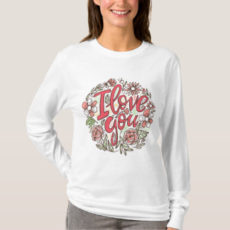 I Love You Floral Wreath Romantic Roses Long Sleev T-shirt