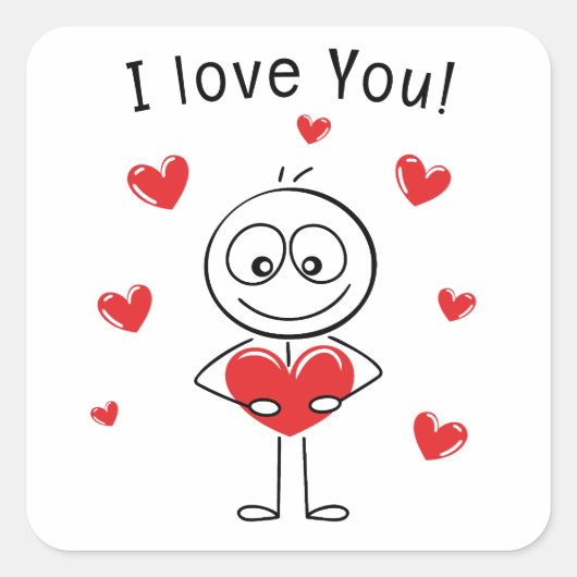 I Love You Stick Figure Cute Hearts Vierkante Sticker (Voorkant)