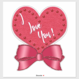 I Love You Valentine Faux Satin Bow Red Heart  Sticker