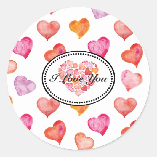 I Love You Watercolor Hearts Ronde Sticker (Voorkant)