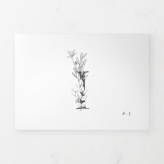 'I' Monogram Beauful Sketched Floral Wedding Drieluik Uitnodiging (Cover)