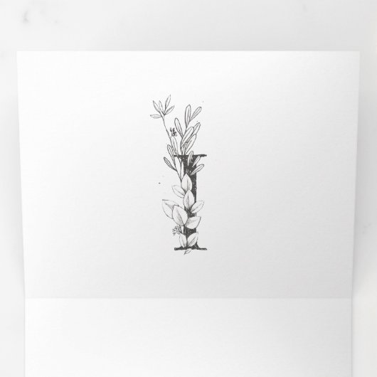 'I' Monogram Beauful Sketched Floral Wedding Drieluik Uitnodiging (Binnenzijde eerst)