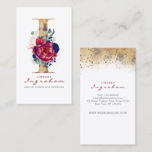 I Monogram Bourgogne Goud en Marine Blauwe Bloemen Visitekaartje (Voorkant / Achterkant)