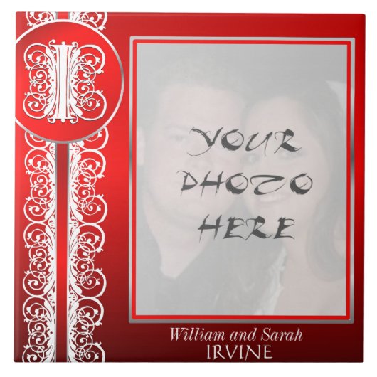 I Monogram "White Lace on Red" met foto - Tegel Tegeltje (Voorkant)