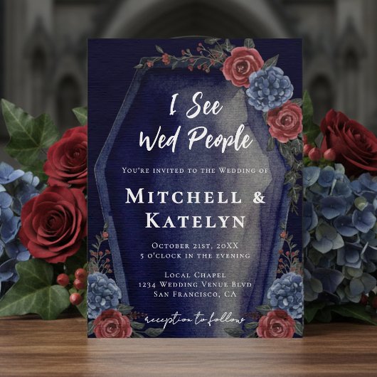 I See Wed People Coffin Floral Gothic Blue Wedding Kaart