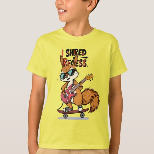 I Shred a Recess Cool Squirrel Guitar Bass Skate T-shirt (Voorkant)