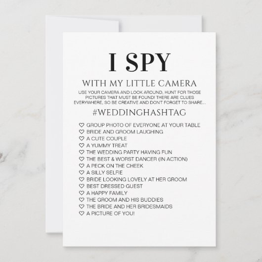 I SPY Huwelijksspel Minimalistische Receptie Douch Kaart (Voorkant)