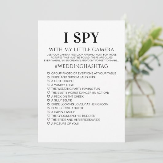 I SPY Huwelijksspel Minimalistische Receptie Douch Kaart (Staand voorkant)