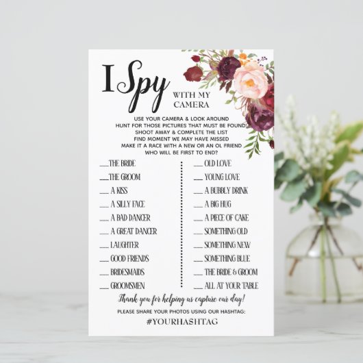 I Spy Marsala Flowers Weddenschappen Reception Gam (Staand voorkant)