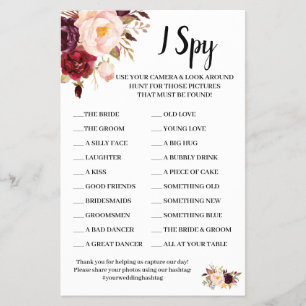 I Spy Marsala Flowers Wedding Reception Game Kaart