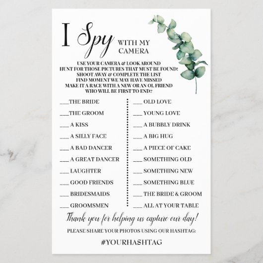 I Spy Weddenschap Opvang Eucalyptus Game Card Flyer (Voorkant)