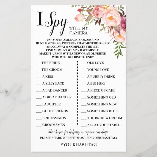 I Spy Weddenschap Reception Pink Flowers Game Kaar Flyer (Voorkant)