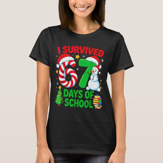 I Survived 67 Days Of School Christmas Candy Cane  T-shirt (Voorkant)
