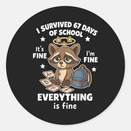 I Survived 67 Days Of School Funny Raccoon Ronde Sticker (Voorkant)