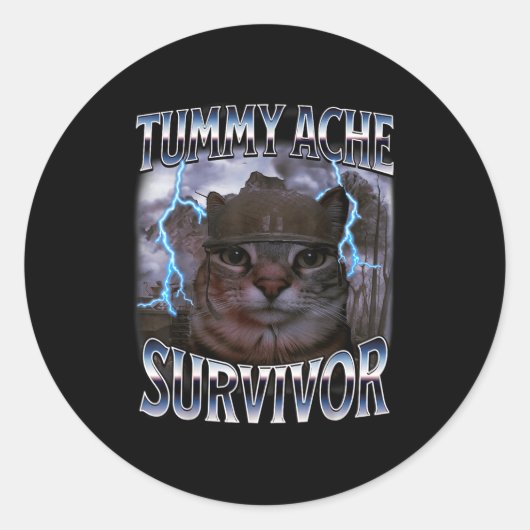 I Survived Today's Tummy Ache Funny Silly Cat Meme Ronde Sticker (Voorkant)