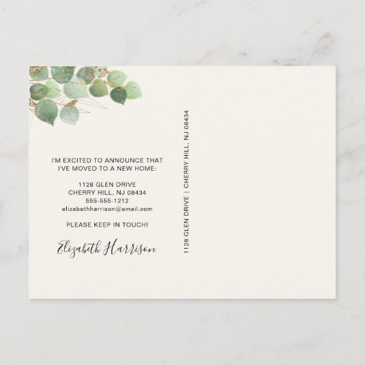 I Verplaatst Eucalyptus Waterverf Verplaatsen Aankondigingskaart (Achterkant)