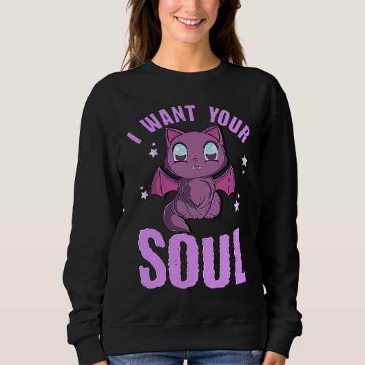 I Want Your Soul Funny Halloween Cute Black Cat Ba Trui (Voorkant)