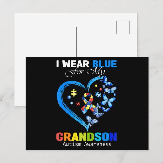 I Wear Blue For My Grandson Autism Awareness Heart Briefkaart (Voorkant / Achterkant)