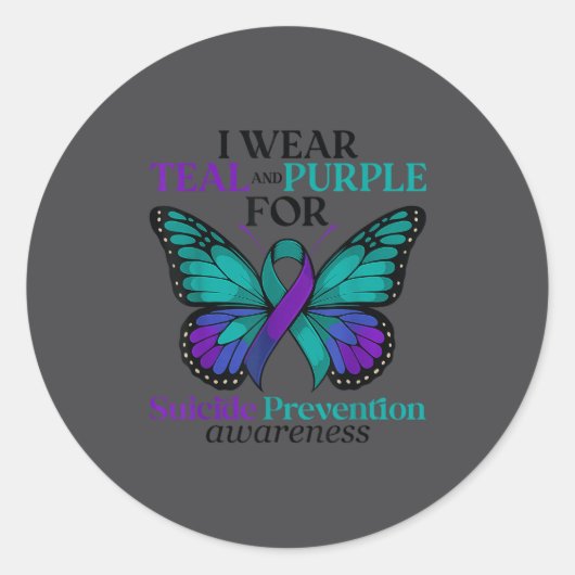 I Wear Teal &amp; Purple Butterfly Suicide Prevent Ronde Sticker (Voorkant)